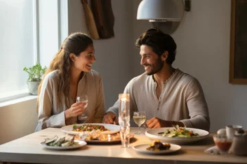 Zelfklevend Fotobehang Romantic couple at the kitchen with food preparing background. © Virtual Art Studio