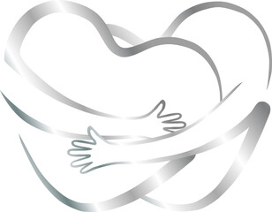 2 silver hearts, each with 1 arm hugging each other, vector