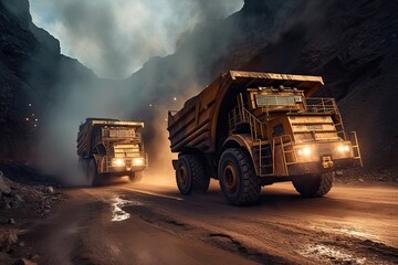 Huge quarry trucks carry the rock for beneficiation and processing. Large quarry dump trucks.