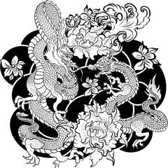 Traditional Chinese dragon for tattoo or painting on wallpaper background.Hand drawn Japanese tattoo design with flower and wave for printing on jacket or T-shirt style Asian.