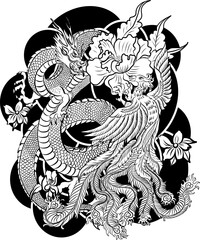 Traditional dragon battle with Phoenix for tattoo design.Chinese dragon for painting on wallpaper background.Hand drawn Japanese tattoo design with flower and wave for printing on jacket.Peony flower.