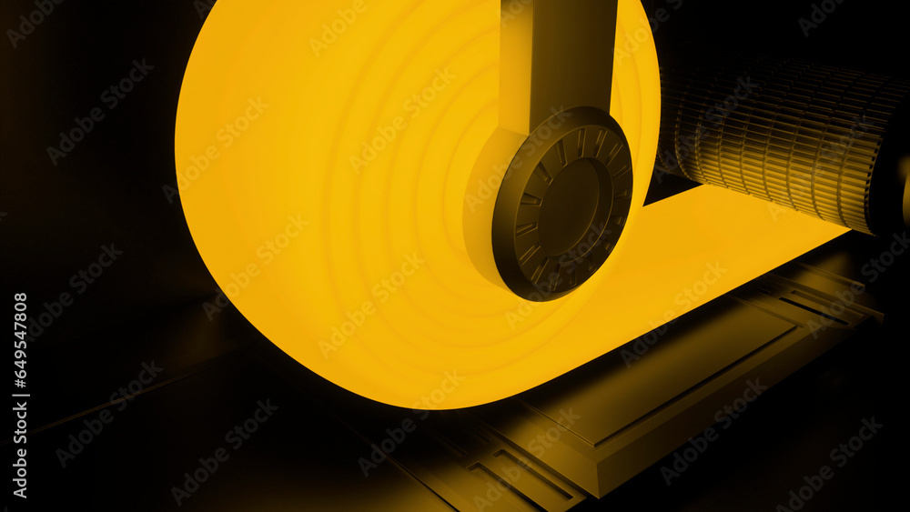 Poster yellow and green wrapping tape. design. a large device rotating a special ribbon of a bright shade m