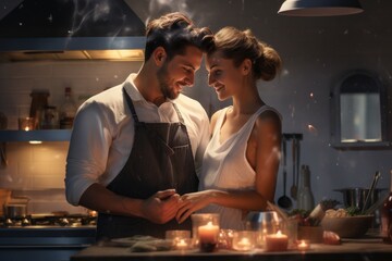 Romantic couple at the kitchen with food preparing background. - obrazy, fototapety, plakaty
