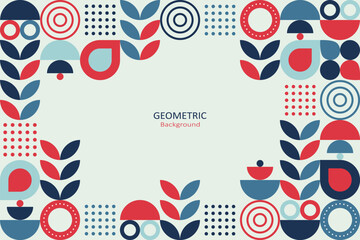 Abstract geometric background. Template design with the simple shape of circles, dot patterns, and line art in dark blue red, and blue on a light blue background. Vector Illustration.