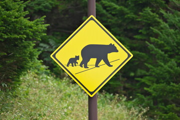 Hokkaido, Japan - September 6, 2023: Bear family crossing sign in Hokkaido, Japan
