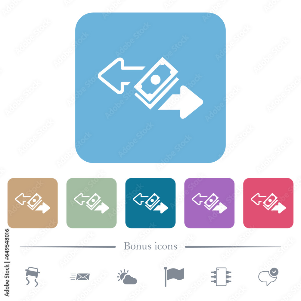 Poster money transactions flat icons on color rounded square backgrounds