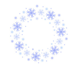 Snowflakes, round frame. Winter, Christmas pattern, delicate decoration, wreath of ice flakes. A lace ring of delicate snowflakes to decorate a banner, congratulations, greetings. Vector illustration.