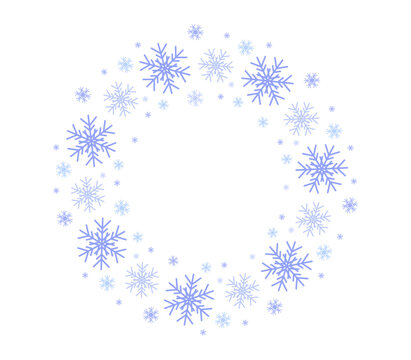 Snowflakes, round frame. Winter, Christmas pattern, delicate decoration, wreath of ice flakes. A lace ring of delicate snowflakes to decorate a banner, congratulations, greetings. Vector illustration.