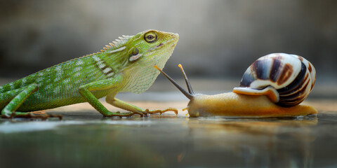 photo of a green lizard coming face to face with a snail in a puddle