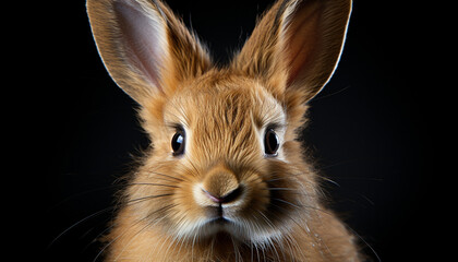 Cute baby rabbit sitting, looking at camera on black background generated by AI