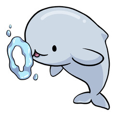 Funny animal illustration. Beluga whale blow doughnut-shaped bubbles.