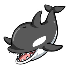Funny animal illustration. Killer whales have a black body, white belly, and have stripes like eyes on the sides of the body.