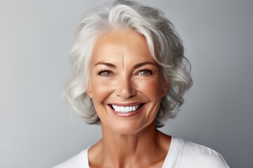 Fototapeta premium Beautiful gorgeous 50yo mid age beautiful elderly senior woman with grey hair laughing and smiling. Mature old lady close up portrait. Healthy face skin care beauty, skincare cosmetics, dental.