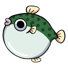 Funny animal illustration. Japanese pufferfish (fugu) inflate into a ball shape.