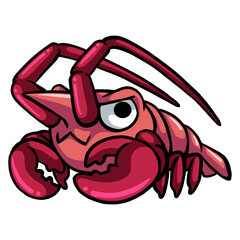 Funny animal illustration. Red lobster looks like it's been boiled. It has large claws and long antennae.