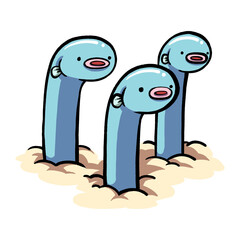 Funny animal illustration. Blue garden eels live in burrows on the sea floor.