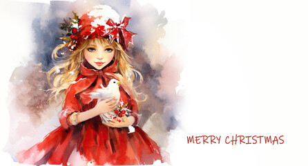 Fototapeta premium Beautiful little Christmas winter princess in red.