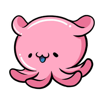 Funny animal illustration. Pink dumbo octopus has fins on his head like Dumbo's ears.