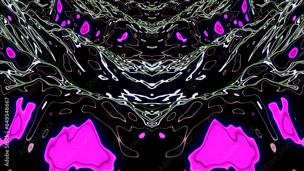 Poster black background with cartoon animation. design. glowing bright hues of illuminated patterns moving 