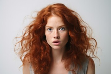 Naklejka premium Redhead young woman on a light gray background in the studio, emotional female portrait.