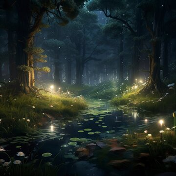 Fantasy magical forest and lake nature illustration art. Generative ai.