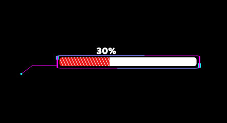 Progress bar animation with callout and loading bar inside red white fill tone with numeric and 30 percent text motion on the black screen