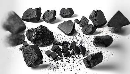 black and white background,Falling rocks on white background. Black charcoal or coal on white background. - obrazy, fototapety, plakaty