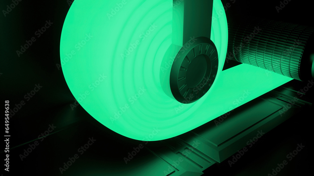 Poster yellow and green wrapping tape. design. a large device rotating a special ribbon of a bright shade m