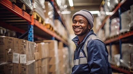 Professional female worker wearing a hard hat checks stock and inventory. Retail warehouse full of shelves - obrazy, fototapety, plakaty