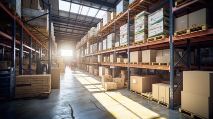 Professional female worker wearing a hard hat checks stock and inventory. Retail warehouse full of shelves