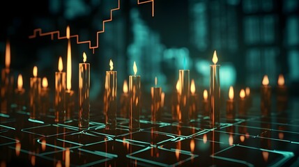 Stock market growth concept with perspective view on digital glowing growing candlestick on dark squared background.