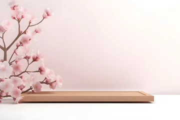 Fotobehang Japanese style architect wood podium cosmetics with Sakura flower a branch background, For branding and product display presentation, 3d Empty minimal stage identity and packaging design, ai generate © Black Pig