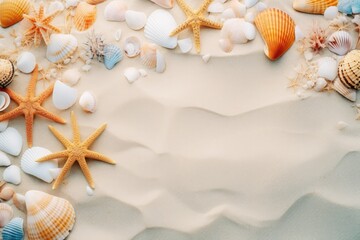 Fototapeta na wymiar sand beach background with shell, starfish, white sand summer concept 