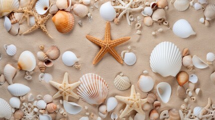 Fototapeta na wymiar sand beach background with shell, starfish, white sand summer concept 