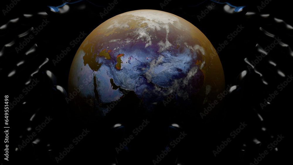 Poster black background with rotating planet and patterns. design. around its axis is a rotating planet ear