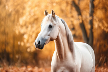 Portrait of a white horse on autumn background