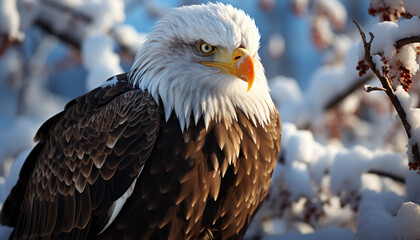 Obraz premium Majestic bald eagle perching on snowy branch, looking at camera generated by AI