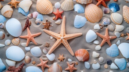 sand beach background with shell, starfish, white sand summer concept 