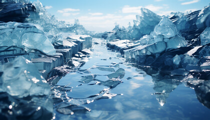 Frozen blue water reflects the majestic beauty of icy mountains generated by AI