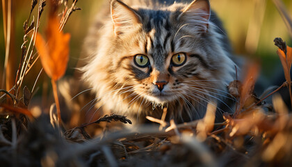 Naklejka na ściany i meble Cute kitten sitting in grass, staring at camera, enjoying nature generated by AI