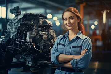 A young Caucasian woman stands with her arms folded on her chest against the background of a conveyor belt at a car factory. She is the best employee of the month.