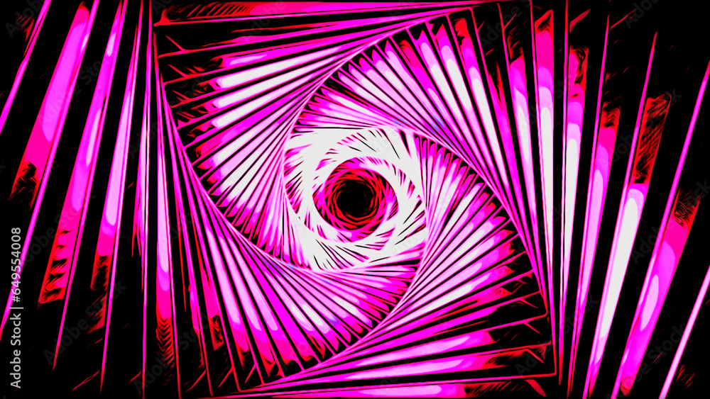Poster pink and orange tunnel made of mesh. design. a long rotating portal made in 3d animation.