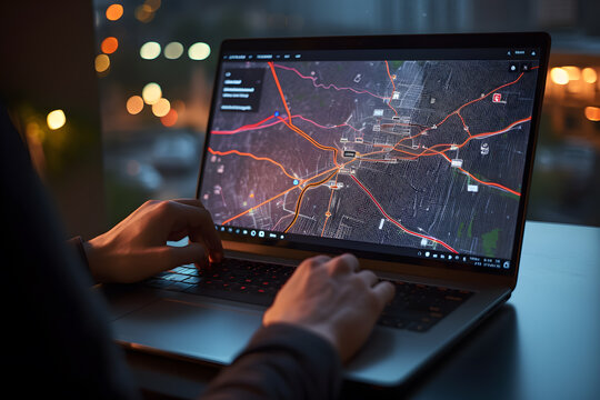 A logistics analyst working on a laptop and showing a map of routes