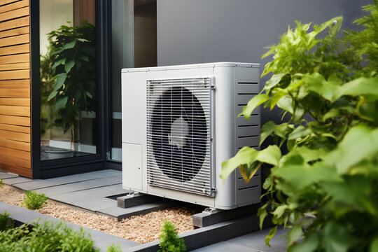 Air source cooler installed in residential building. Sustainable and clean energy at home