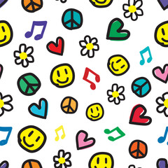 Smiley face pattern, heart, peace, symbol, seamless image, creative printing, fabric screen Illustrations or background images of all kinds.
vector work type