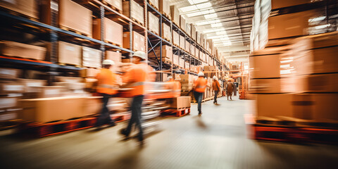 Blurred image of warehouse employees in action, moving shipment boxes efficiently - obrazy, fototapety, plakaty