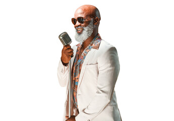 Music, microphone and senior black man singer isolated on a transparent background for concert or...