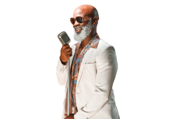 Music, microphone and senior black man singer isolated on a transparent background for concert or performance. Party, jazz or karaoke with a happy elderly person singing a song on PNG at an event