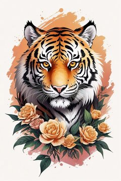 A detailed illustration of vintage tiger head, flowers splash, print, t-shirt design.