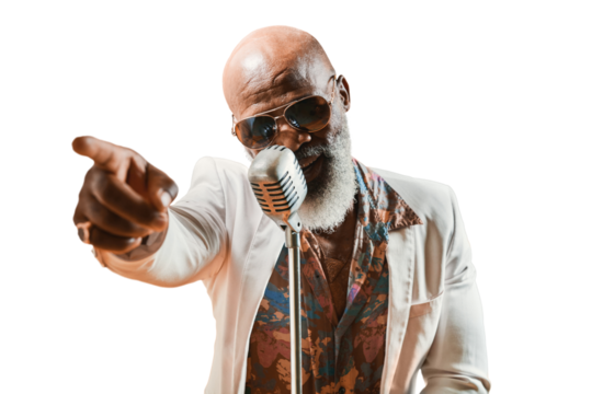 Senior man, microphone and singing with vintage, fashion and artist isolated on a transparent background. African person, creative and musician with a voice, retro outfit and png with jazz and style - Powered by Adobe